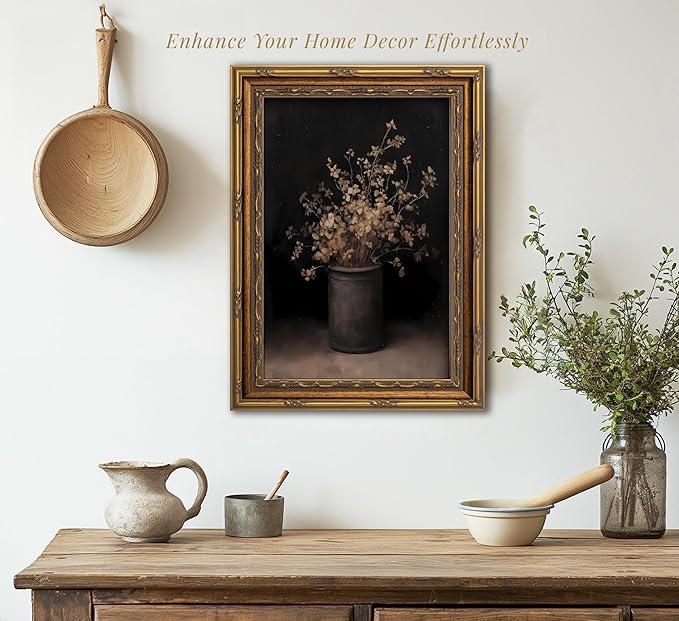 Vintage Gold Framed Wall Art Fall Dried Flowers Antique Vase Country Oil - Image 2