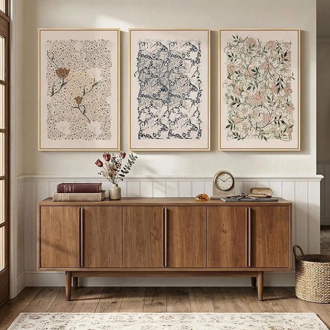 Large Framed William Morris Wall Art Set of 3, Vintage Neutral Botanical Floral - Image 2