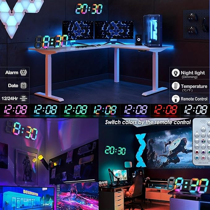 KOSUMOSU LED Digital Clock Neon Clock 9.7" Black Gaming Clock RGB LED Wall Clock - Image 2