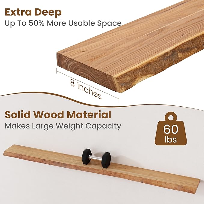 Floating Shelves for Wall Decor, Rustic Solid Elm Wood Live Edge Floating - Image 5