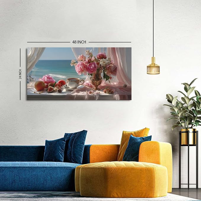 Vintage Pink Flower Wall Art Retro Flowers in Golden Vase Pictures Blue Ocean - Image 2