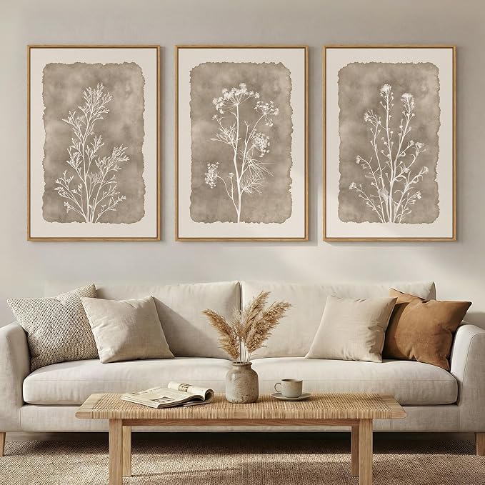 3 Piece Framed Neutral Botanical Wall Art Set, Large Farmhouse Floral Canvas by MXART