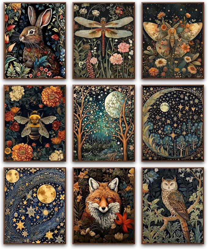 Morris Wall Paintings Poster Set of 9, Vintage Rabbit Fox Starry Sky Bee by Unknown