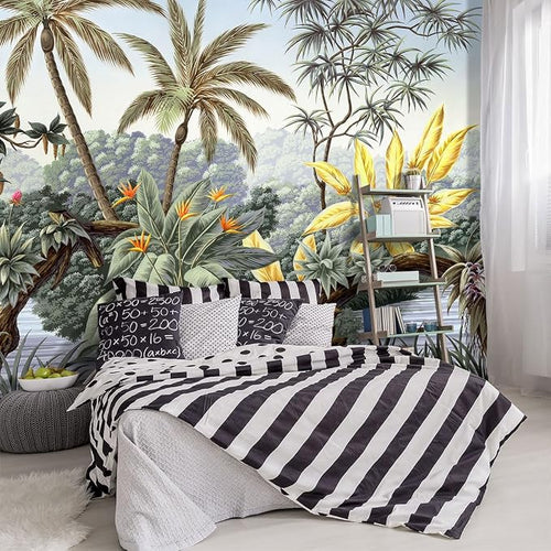-Tropical Botanical Palm Leaf Fabric Wallpaper Living Room Bedroom Bathroom by YIHWM-PurchaseNow