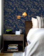Froluya Dark Blue and Gold Vintage Floral Peel and Stick Wallpaper 17.7"x196.8" - Image 2