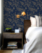 Froluya Dark Blue and Gold Vintage Floral Peel and Stick Wallpaper 17.7"x393.7" - Image 2