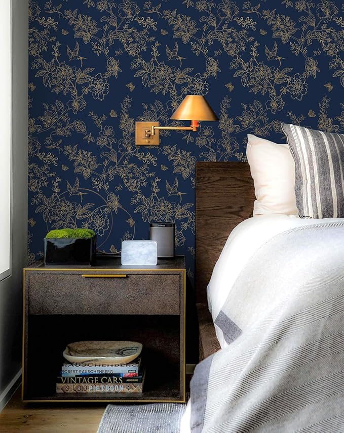 Froluya Dark Blue and Gold Vintage Floral Peel and Stick Wallpaper 17.7"x393.7" - Image 2