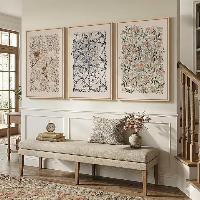 Large Framed William Morris Wall Art Set of 3, Vintage Neutral Botanical Floral - Image 4