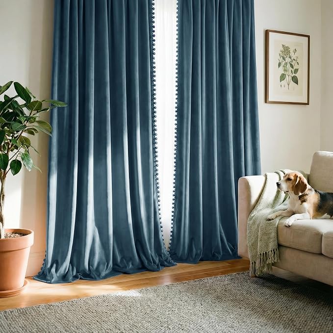 NICETOWN Pom Pom Slate Blue Velvet Curtains 96 Inch Long - Image 6