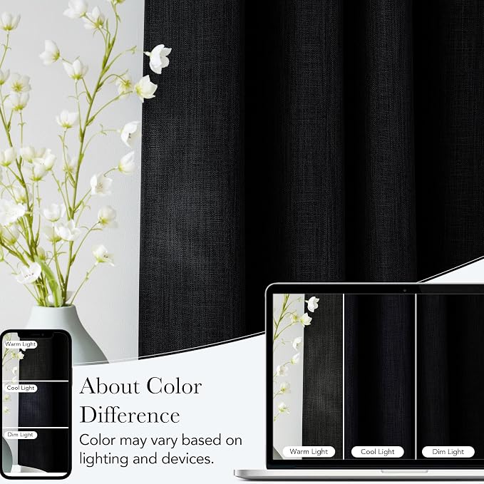 NICETOWN Black Faux Linen Room Darkening Rod Pocket Curtains 63 inch Length - Image 5