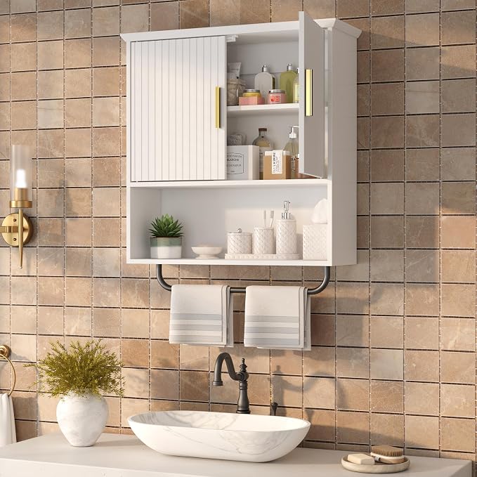 Bathroom Wall Cabinet with Towel Bar, 2 Doors & Adjustable Shelves - Image 7
