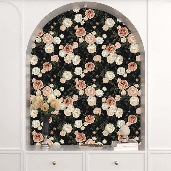 Pink White Rose Peony Wallpaper Peel and Stick Black Floral 17.5in x 393in - Image 7