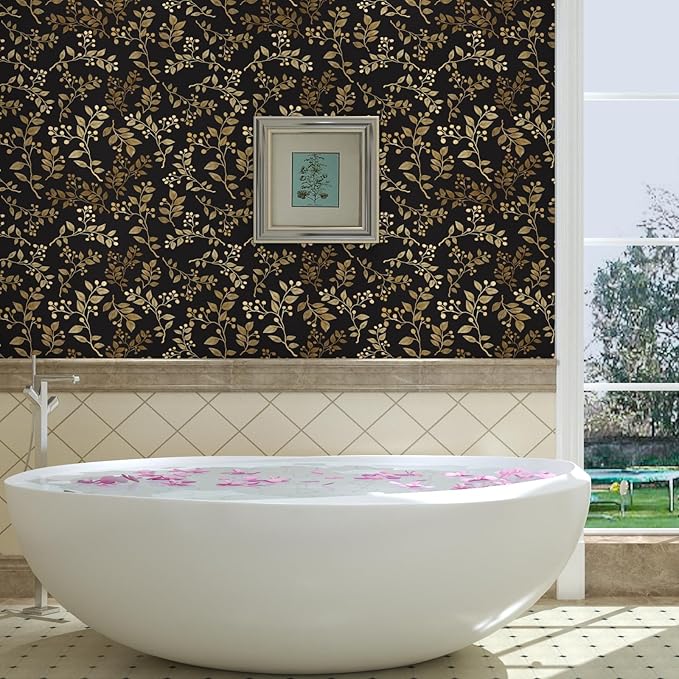Dark Floral Peel and Stick Wallpaper, Vintage Gold Leaf Self-Adhesive Contact - Image 3