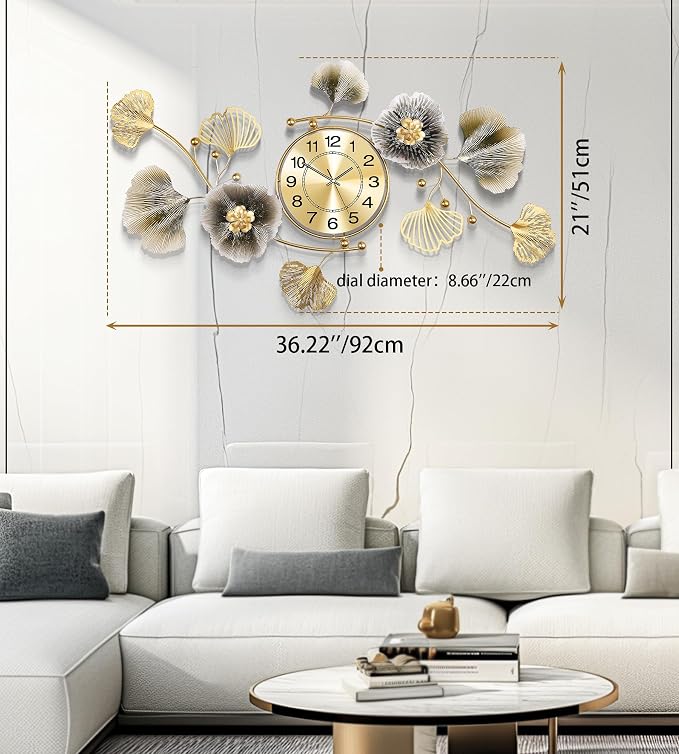 Wall Clocks for Living Room Decor, Large Wall Clock, 3D Creative Metal Ginkgo - Image 3