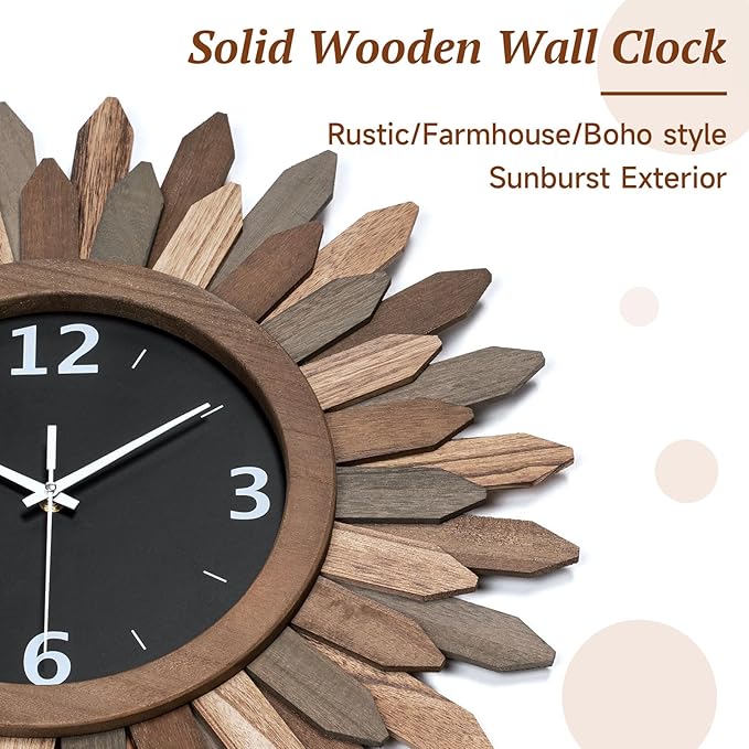 Honiway Large Wall Clock Battery Operated 21 in Rustic Wood Boho Sunburst - Image 6