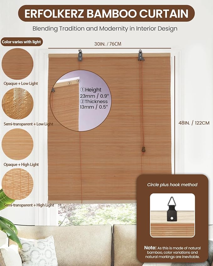 30" Wx48 H Bamboo Blinds Roller Shades - Image 2