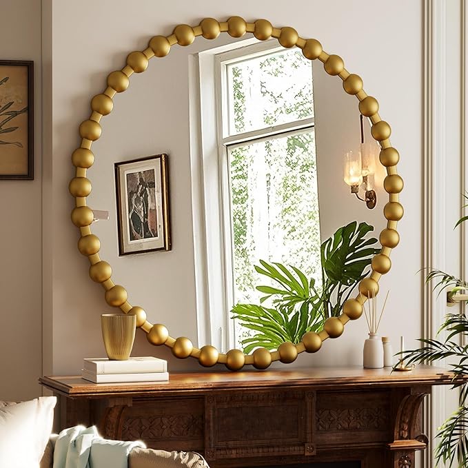 Easly Round Mirror for Wall, 36 Inch Gold Beaded Frame Decorative Vanity Mirror by EASLY