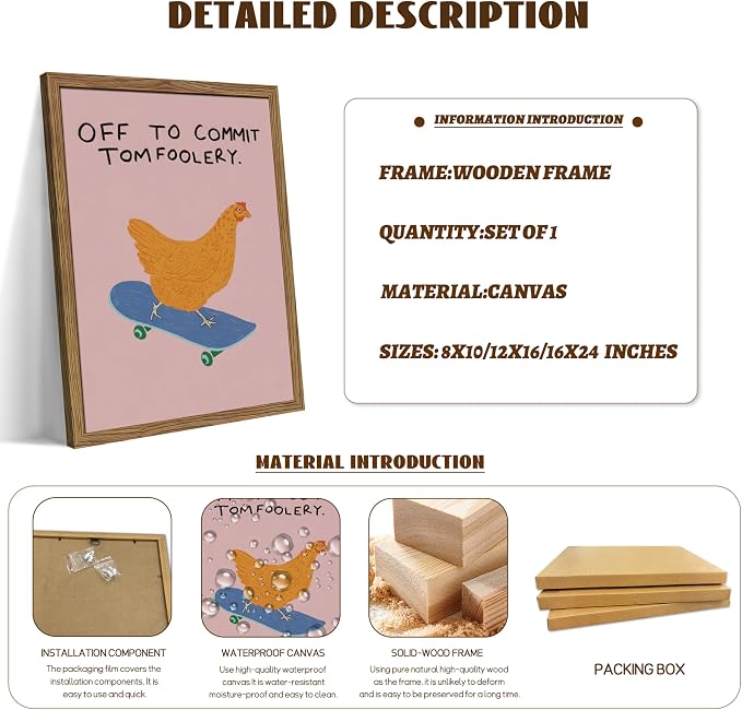 Framed Off to Commit Tomfoolery Wall Art, Vintage Fun Chicken Canvas Print - Image 5