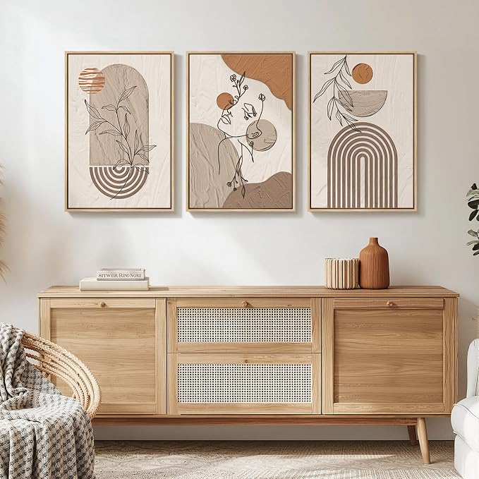Framed Earth Tone Boho Abstract Wall Art Bedroom, 3 Piece Neutral Modern - Image 4