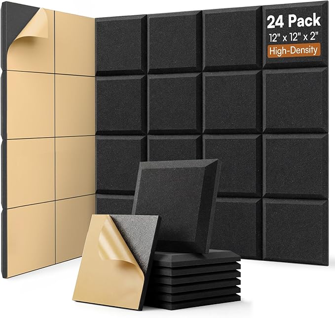 SODOCT 24 Pack Acoustic Foam Panels Flat Shape, Self-Adhesive 12 x 12 x 2 Inches by SODOCT