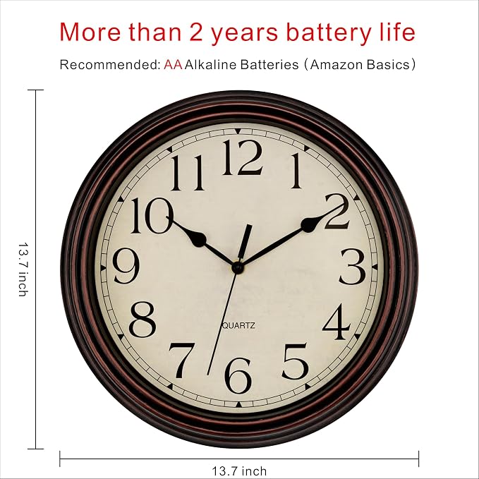 Foxtop 14 Inch Wall Clock Battery Operated Silent Non-Ticking Round Classic - Image 2