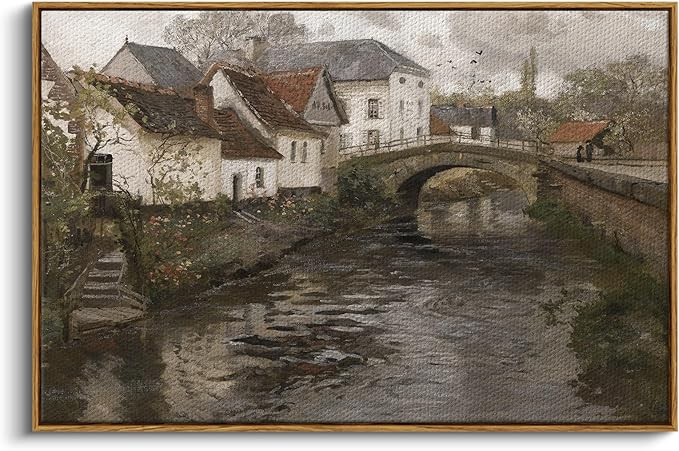 InSimSea Framed Canvas Wall Art Vintage Decor, Riverside Small Town Large by InSimSeaArt