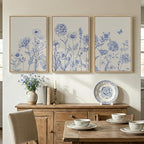 Framed Neutral Chinoiserie Blue Botanical Wall Art, 3 Piece Minimalist Floral - Image 4