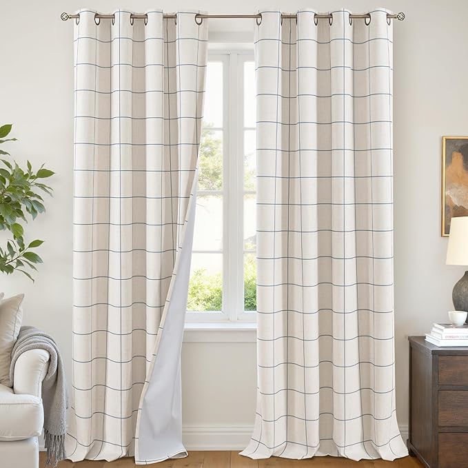 Lajode Navy Blue Plaid Linen Blackout Curtains by Lajode