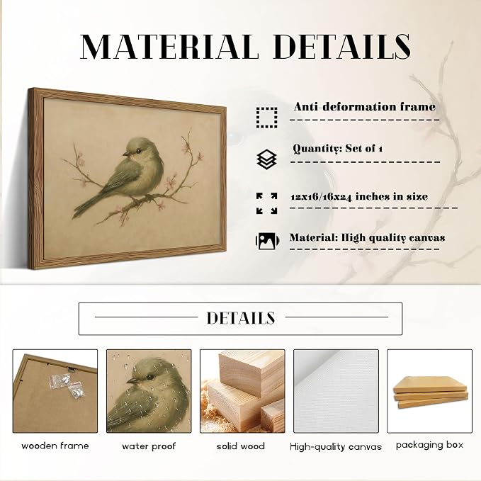 Vintage Bird Wall Art, Cherry Blossom Spring Pictures Canvas Wall Decor - Image 4