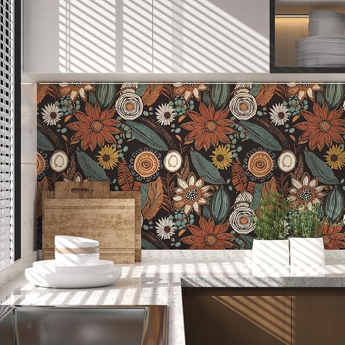 Laatse Rustic Boho Wallpaper Peel and Stick, Vintage Dark Brown Floral Contact - Image 4