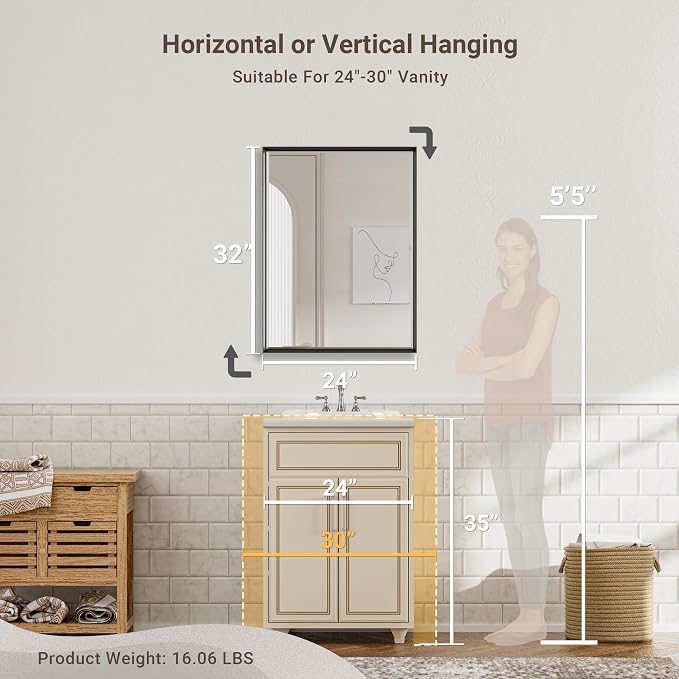 Black Framed Mirror for Bathroom, 24x32 Inch Black Rectangle Beveled Bathroom - Image 2