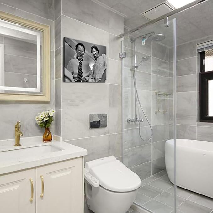 Framed Funny Movie Bathroom Canvas Wall Art Set of 2 – Black and White Vintage - Image 2