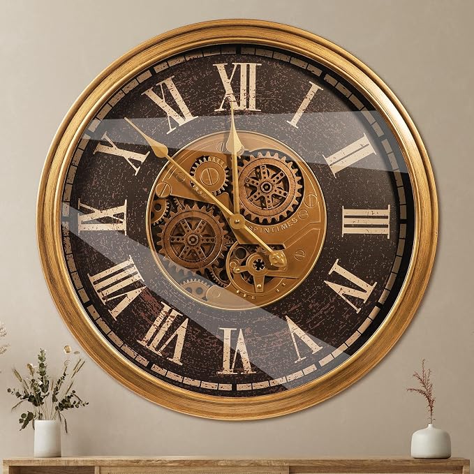 October Elf Large Real Moving Gears Wall Clock 24 Inch Vintage Industrial by Buy+now