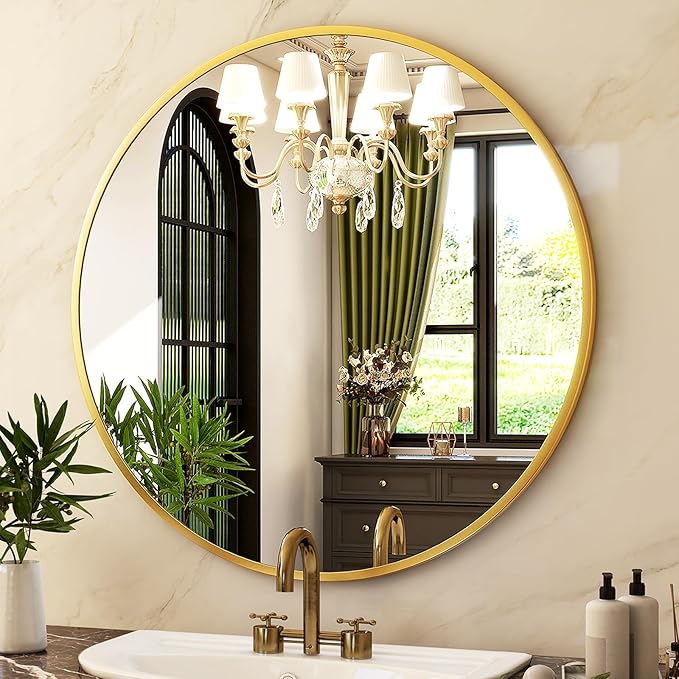HARRITPURE 24 Inch Round Mirror, Modern Aluminum Alloy Frame Wall Mounted - Image 4