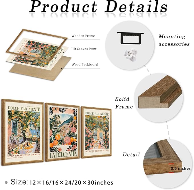 SYWENNOI 3 Pieces Wood Framed Italy Scenes Canvas Wall Art, Tuscan Wall Decor - Image 6