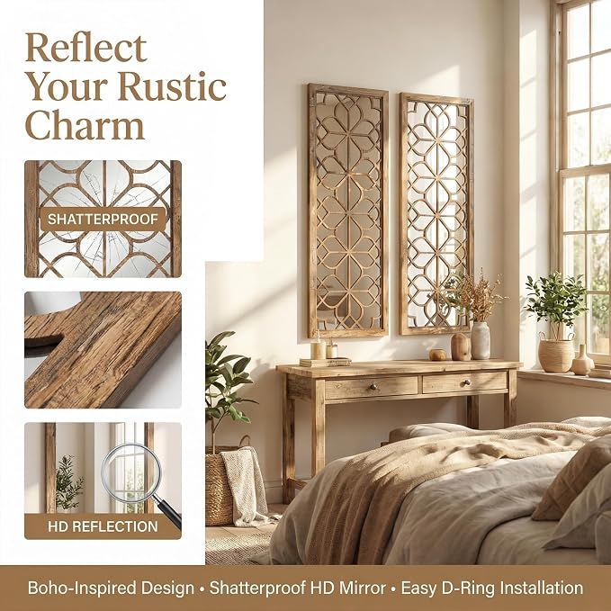 Set of 2 16x41.5 Inch Large Carved Floral Wood Frame Wall Mirrors, Shatterproof - Image 4