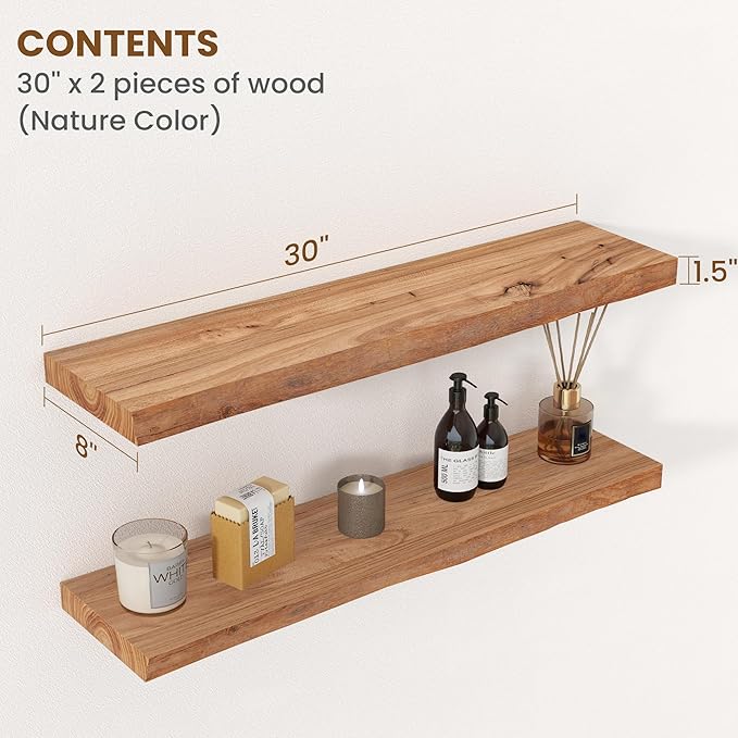 Floating Shelves for Wall Decor, Rustic Solid Elm Wood Live Edge Floating - Image 2