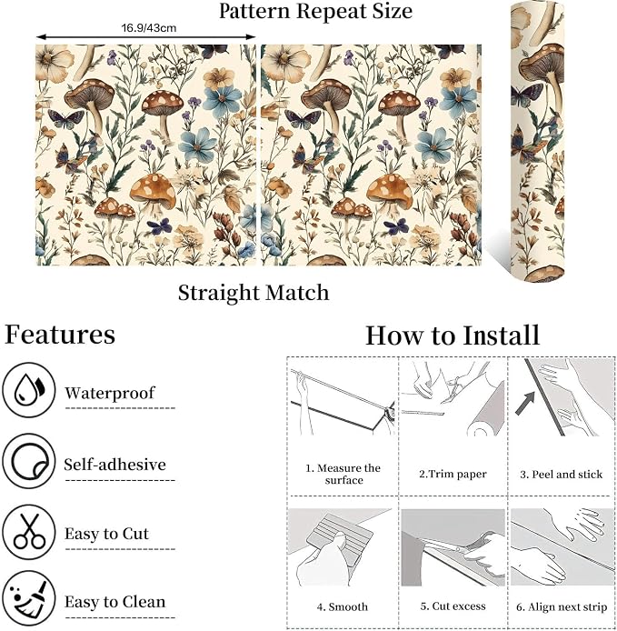 Froluya Mushroom Wallpaper Peel and Stick Vintage Floral Contact Paper 16.9" x - Image 5
