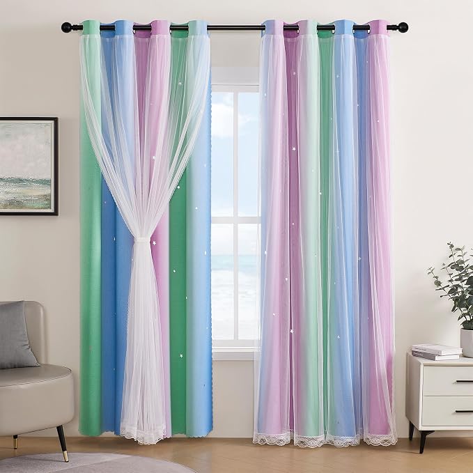XiDi Curtains for Bedroom Decor, Rainbow Green PurpleBlue34/96/1 by Addsomecolortolife