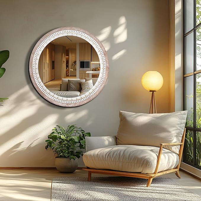 Reflinto 24 Inch Boho Wooden Round Mirror - Image 6