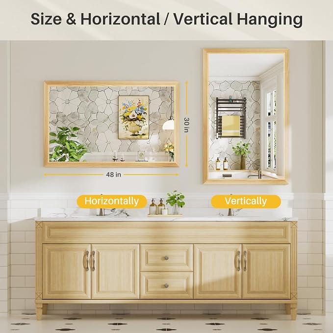 48x30 Inch Bathroom Mirror for Wall, Anti-Rust Oak Wood Grain Metal Framed - Image 7