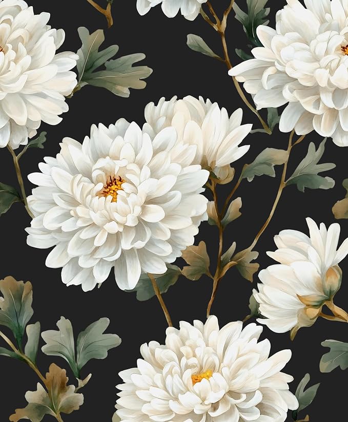 Laatse Black White Floral Peel and Stick Wallpaper Chrysanthemum Contact Paper by Laatse