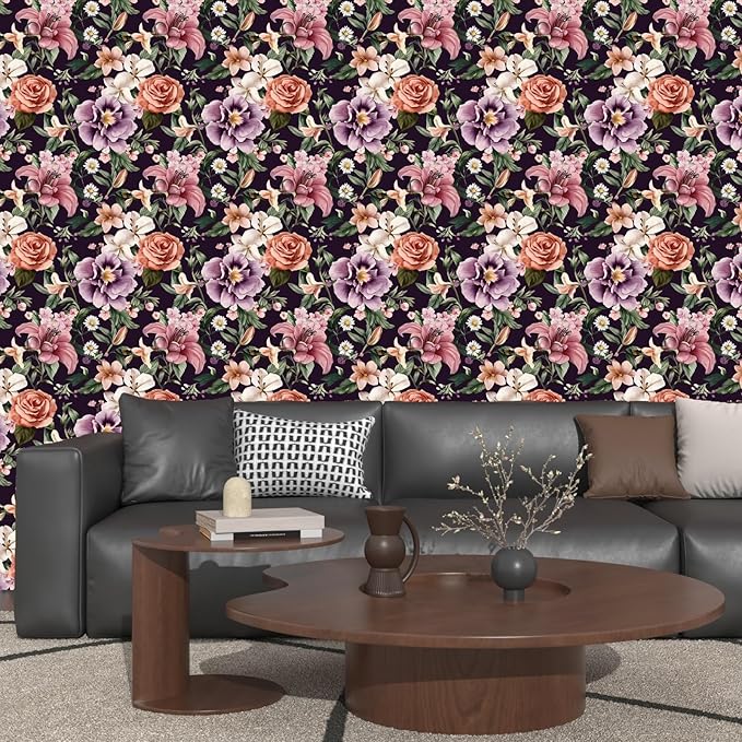 Laatse Purple Vintage Floral Wallpaper Peel and Stick Red Rose Peony Flowers - Image 3