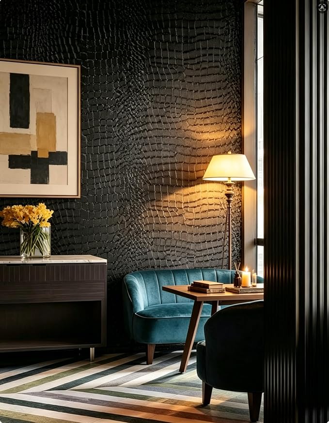 Peel and Stick Wallpaper Black Crocodile Wall Paper Modern Textured - Image 2