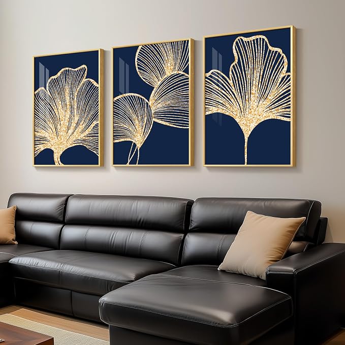 Framed Modern Luxury Wall Art for Living Room, Large Navy Blue and Gold Ginkgo - Image 2