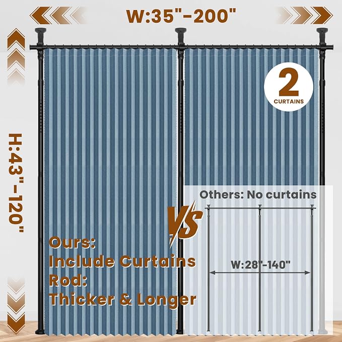 100% Blackout Room Divider Curtains Sets Blue 2 Panels W100 x L96in No Drill - Image 2