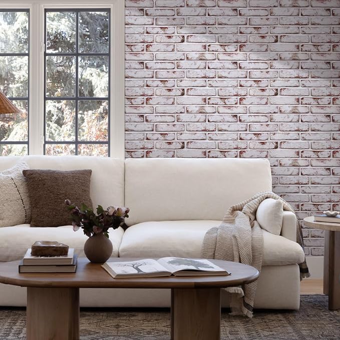 COMSTICKC 3D Faux Brick Wall Panel Red-Tinted White, Peel and Stick Wall - Image 2