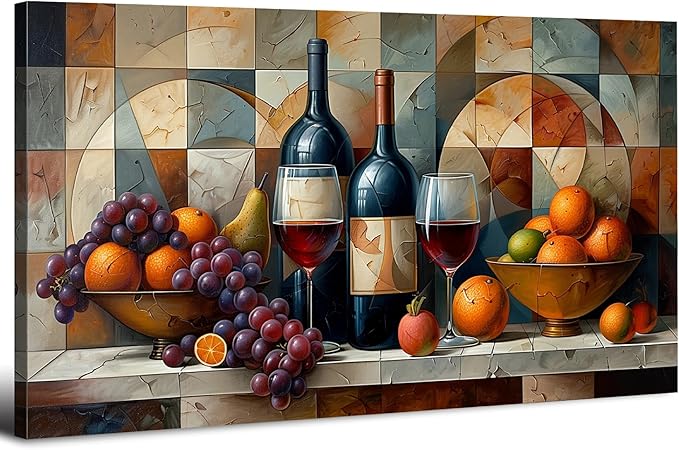 Geometric Kitchen Wall Art Abstract Wine Canvas Prints Red Wine Glass and Fruit by HOME