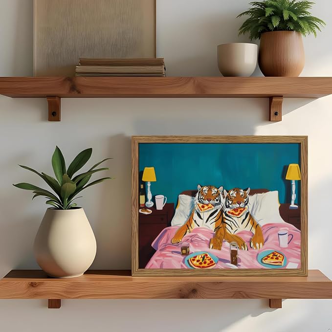Framed Tiger Pizza Wall Art, Dopamine Wall Decor Canvas Print, Vintage Fun - Image 4