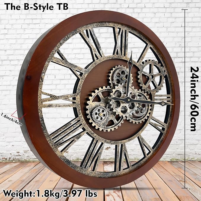 The B-Style Large Wall Clock 24 inch Moving Gear Wall Clock Oversized Vintage - Image 2